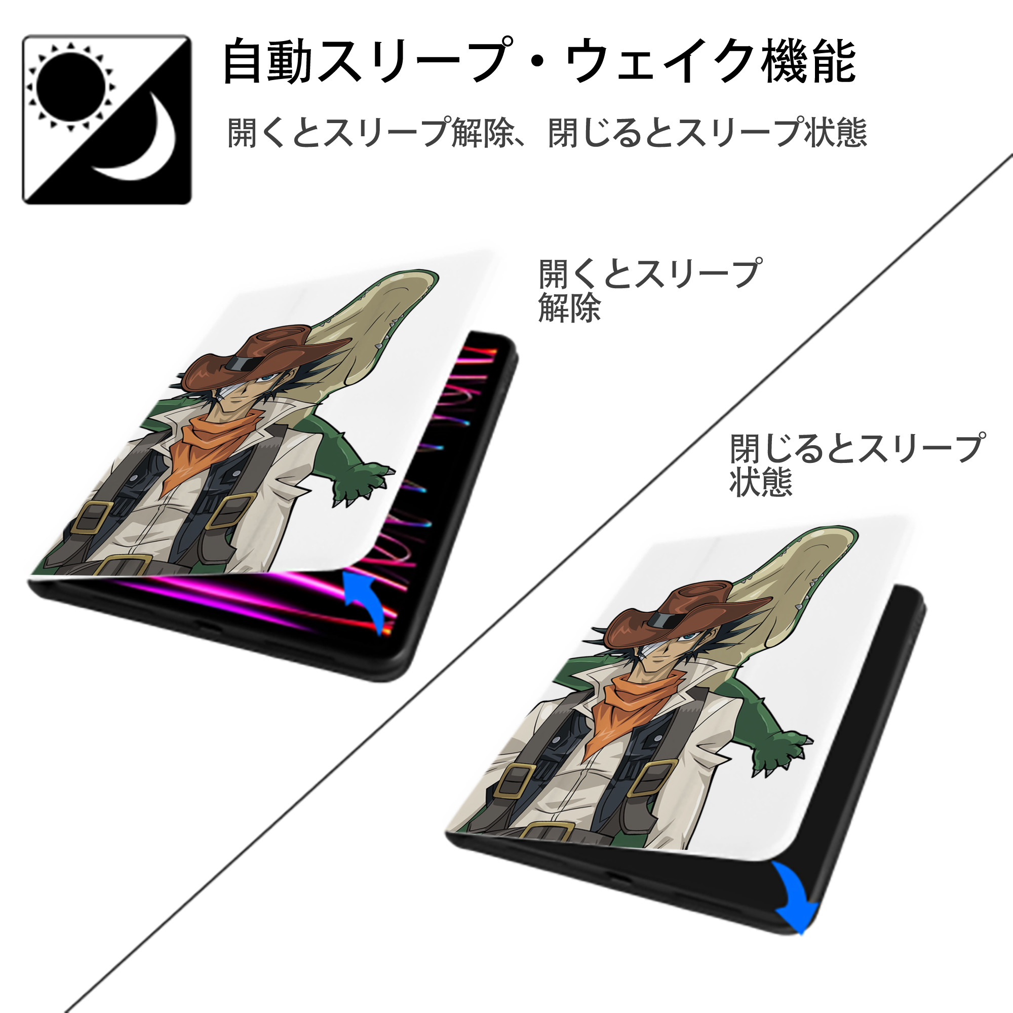 遊☆戯☆王 Yu-Gi-Oh! IPad ケース ペン収納付き 三つ折りスタンド PUレザー×シリコン 対応機種9.5/10.5/10.9インチ